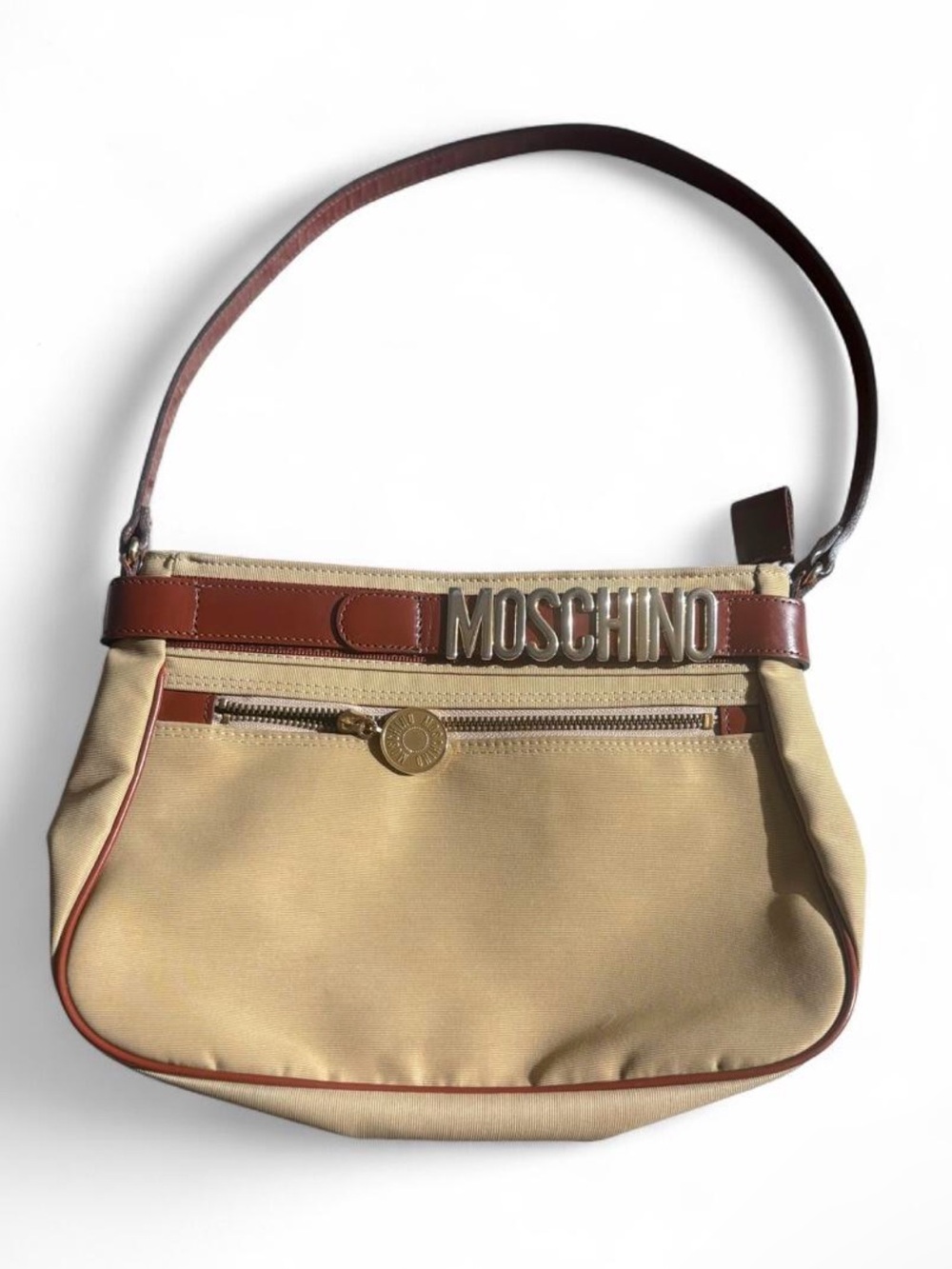 Vintage 1990s Moschino Tan Canvas Shoulder Bag with Brown Leather Trim